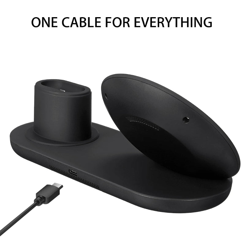 Black charging station with two ports and a cable, featuring the text 'ONE CABLE FOR EVERYTHING'.