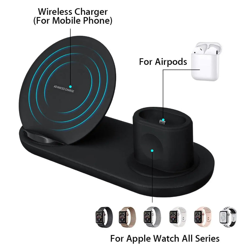 Black wireless charging station with labeled features for phone, AirPods, and Apple Watch.