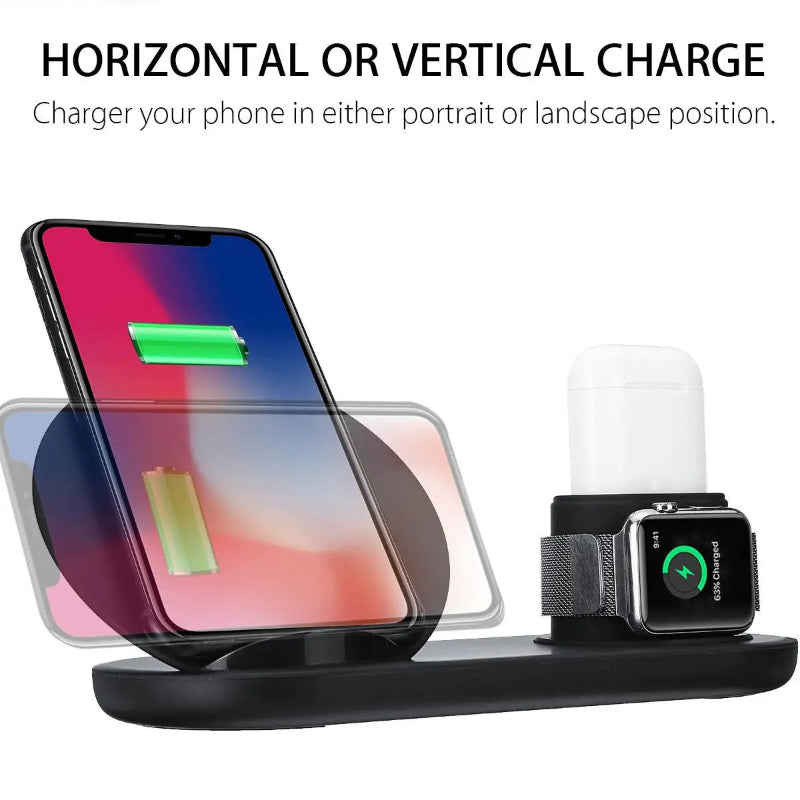 Multi-device wireless charging station with smartphone, smartwatch, and smart speaker on a white background.