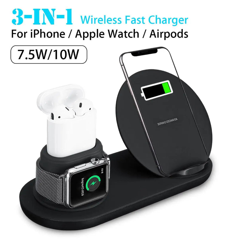 3-in-1 wireless fast charger for iPhone, Apple Watch, and Airpods with charging indicators.
