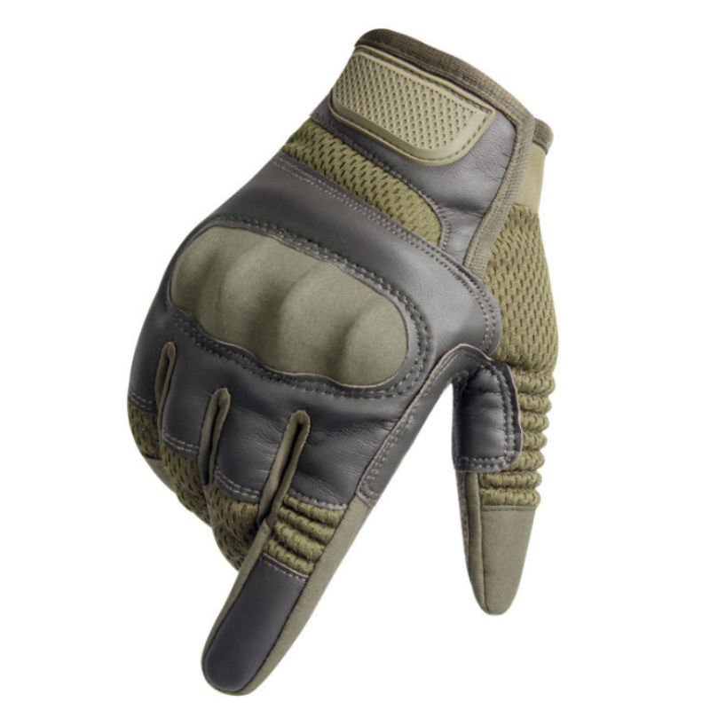 Gray and green tactical glove on a white background
