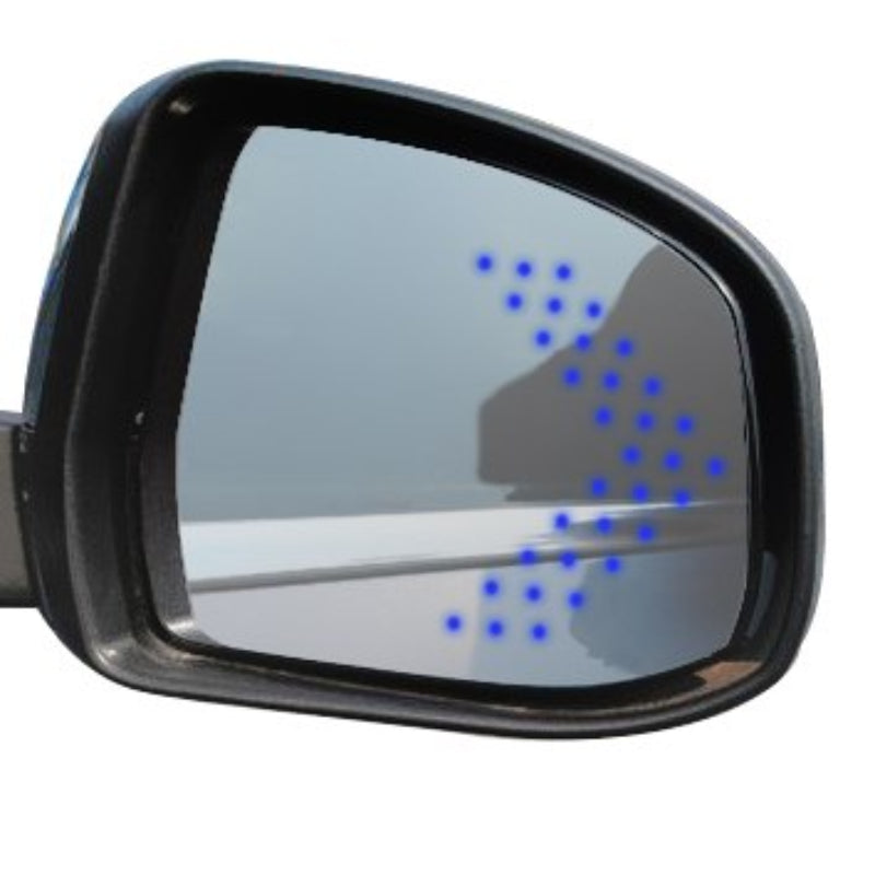 Car side mirror with blue LED dots on a white background