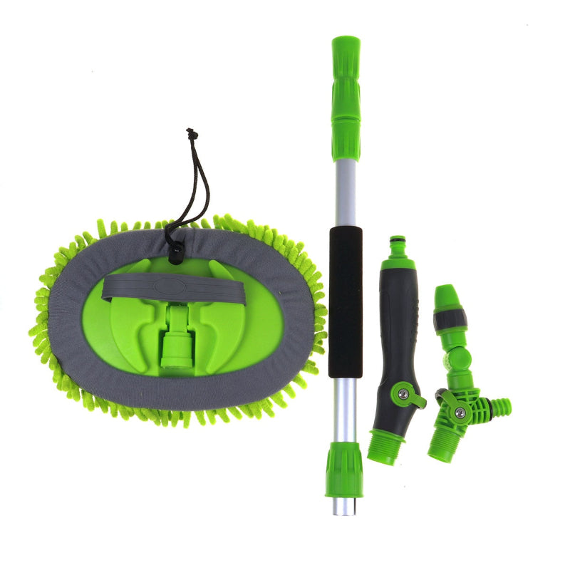 Green and gray car cleaning brush set with extension handle on a white background