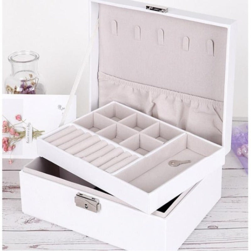 Jewelry Box with Lock Double Layer High Capacity Leather Jewelry Ornaments Ring Necklace Earrings Ear Studs Storage Box
