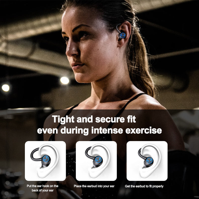 Woman wearing wireless earbuds with text on a dark background