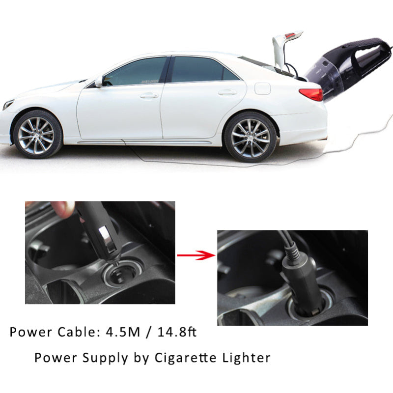 White car with a power cable extension and cigarette lighter connection details.
