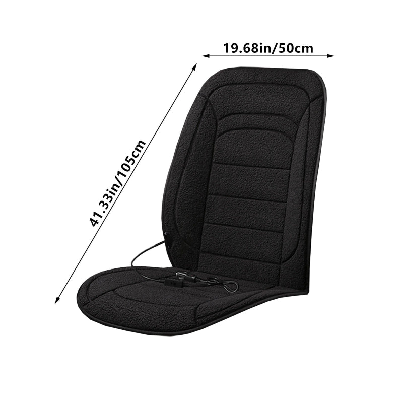Black car seat cover with measurements on a white background