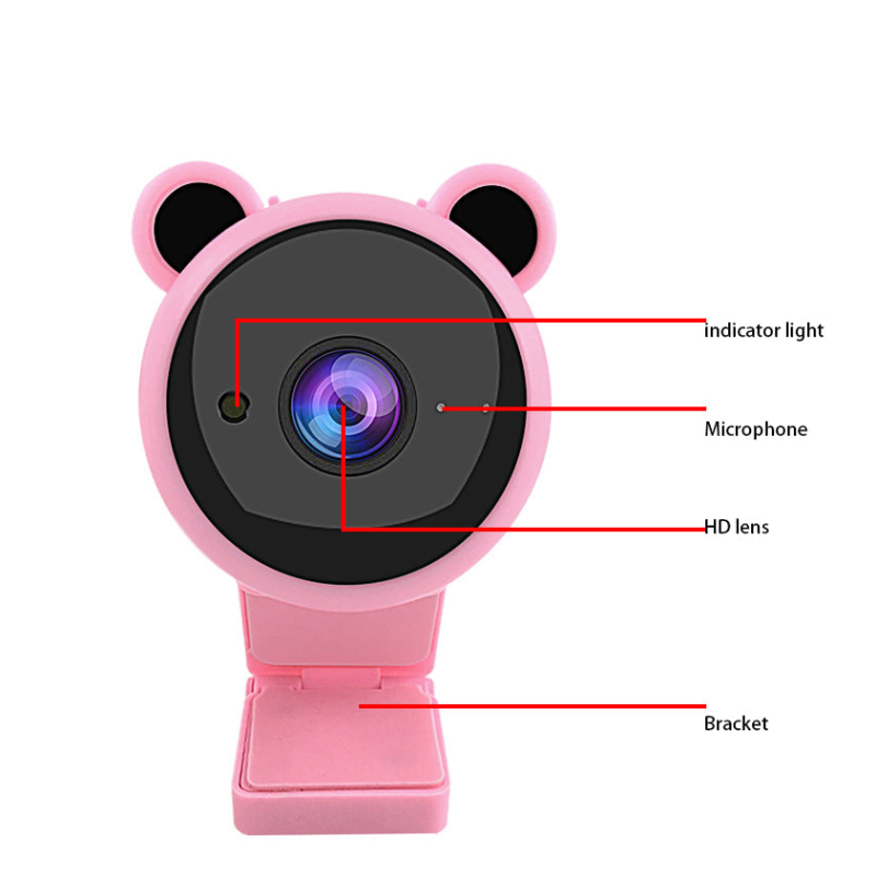 Pink bear-shaped webcam with labeled components on a white background