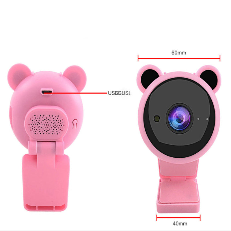 Pink camera with bear ears and labeled parts on a white background