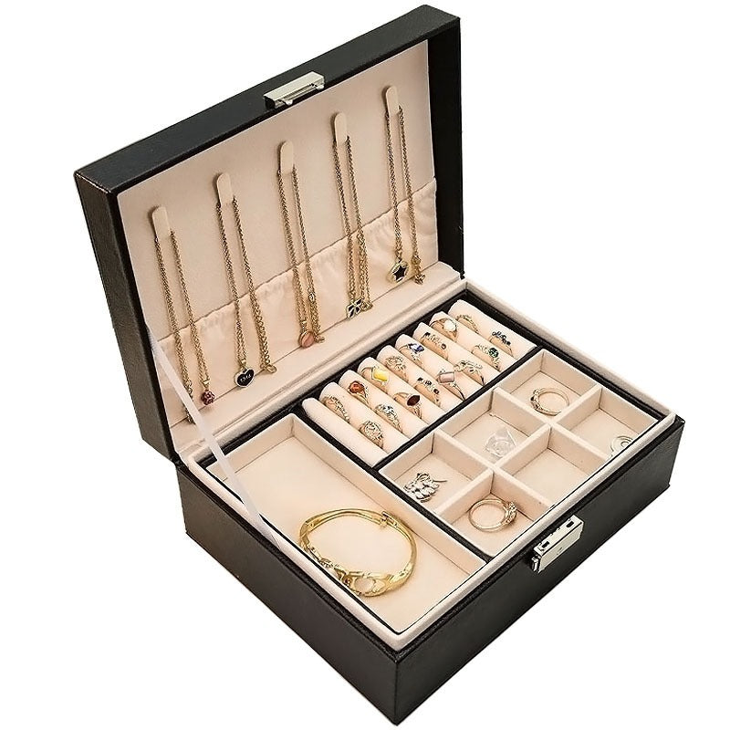 Jewelry Box with Lock Double Layer High Capacity Leather Jewelry Ornaments Ring Necklace Earrings Ear Studs Storage Box