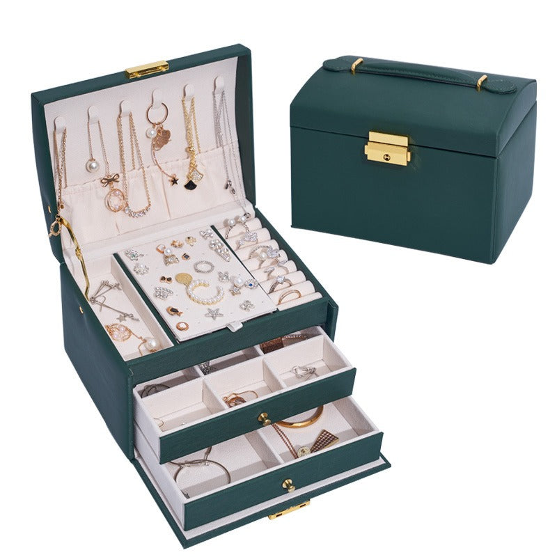 Three Layer Leather Drawer Jewelry Box Light Luxury Earrings Jewelry Storage Box Stud Earrings With Lock Jewelry Box