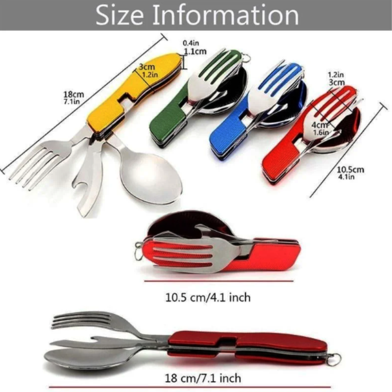 4 In 1 Outdoor Tableware Set Camping Cooking Supplies Stainless Steel Spoon Folding Pocket Kits Home Picnic Hiking Travel Tools