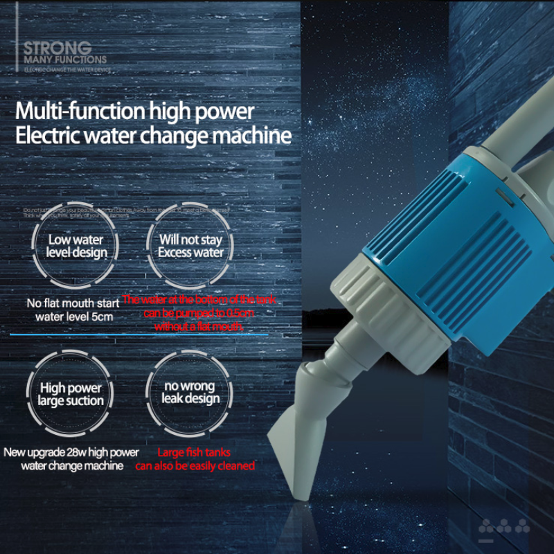 Electric water change machine with features listed on a dark background