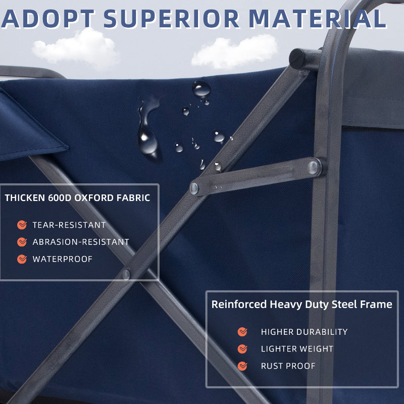 Blue camping chair with text highlighting material properties on a clear sky background