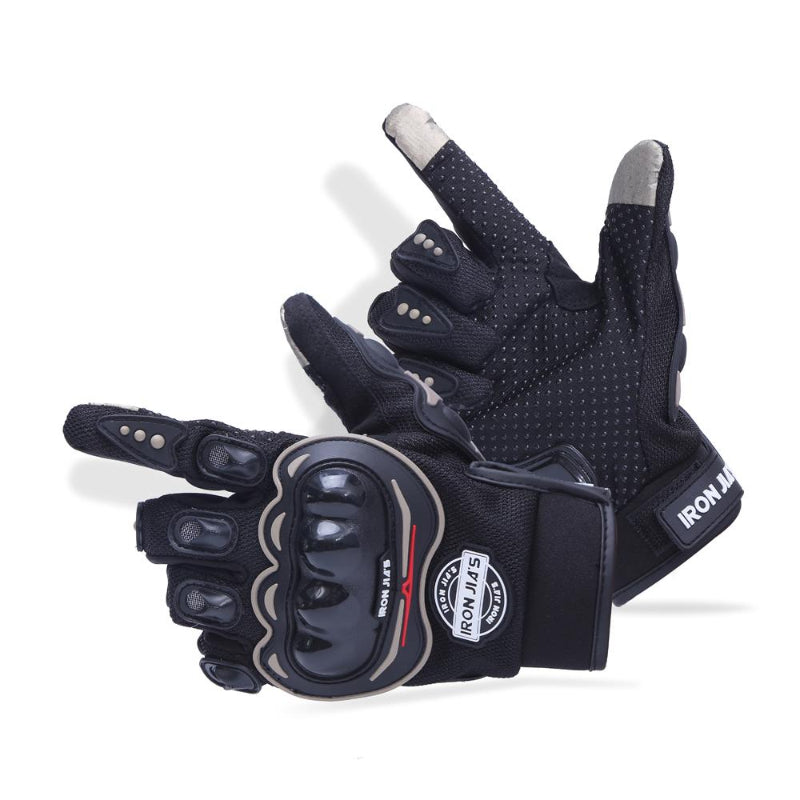 Pair of black gloves with text on a white background
