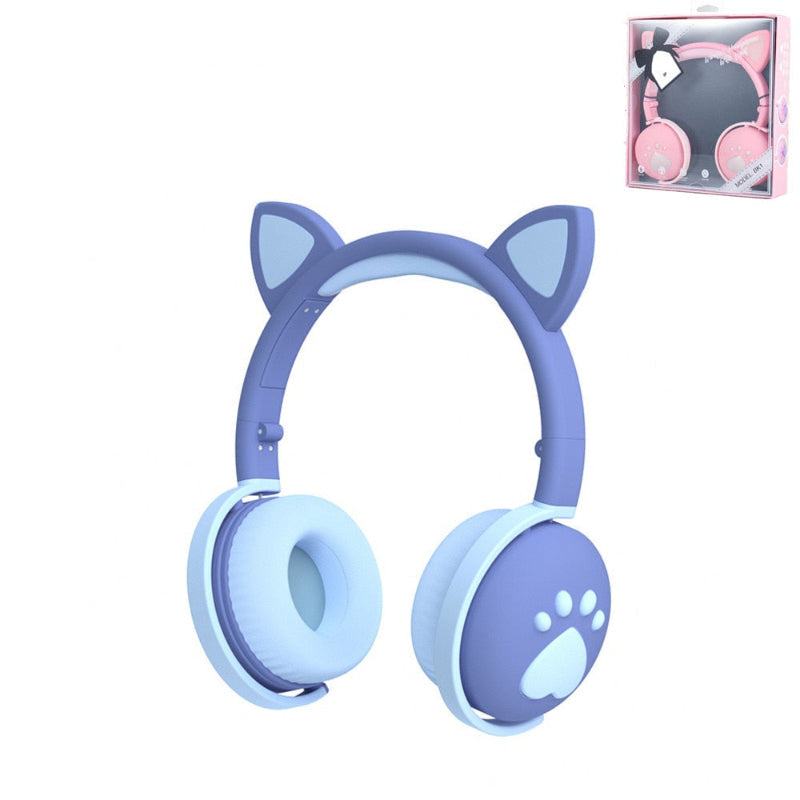 Blue headphones with cat ears and paw design on a white background