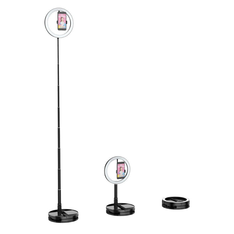 Black stand with round light on a white background