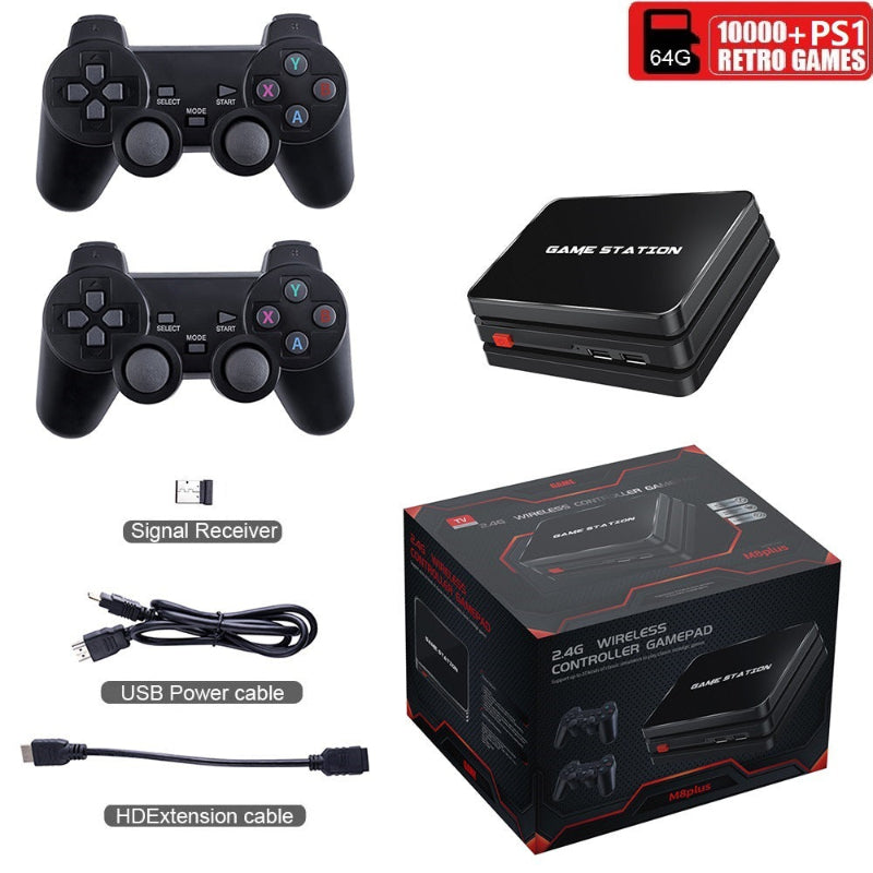 Gaming console with controllers, box, and accessories on a white background