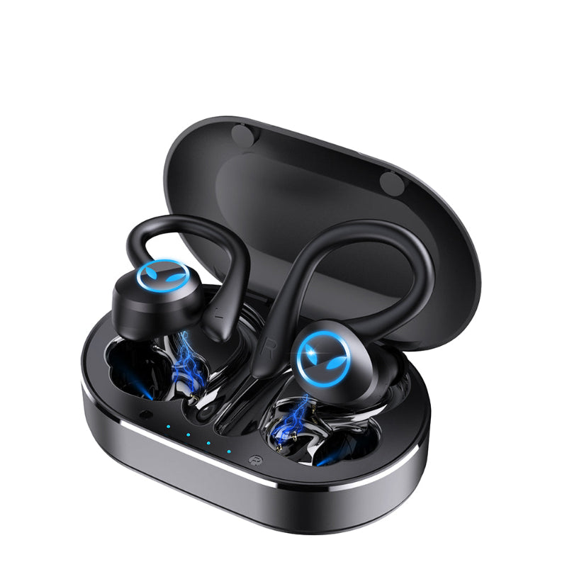 Black wireless earbuds with charging case on a white background
