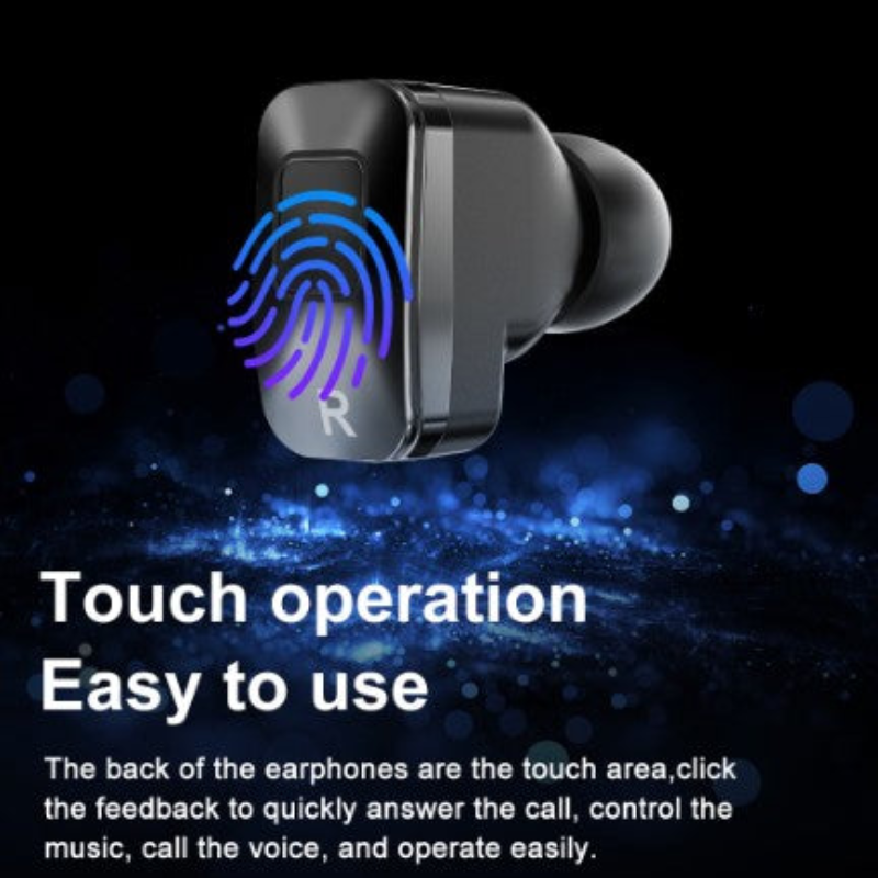 Black wireless earbuds with touch operation feature on a dark background