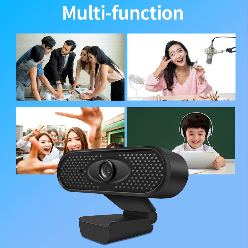 Black webcam with a blue background and images of people using it for communication.