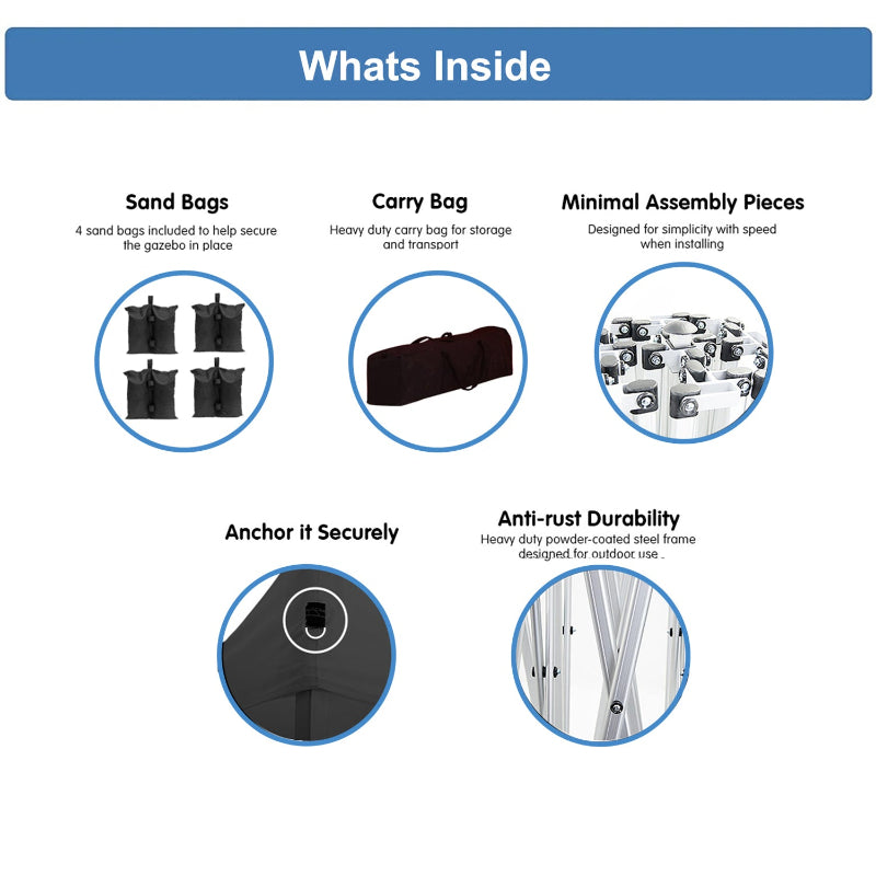 List of features included with a product, including sand bags, carry bag, minimal assembly pieces, anchor it securely, and anti-rust durability.