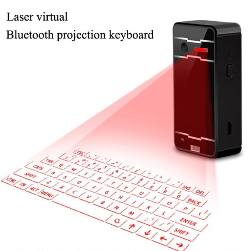 Laser virtual Bluetooth projection keyboard with red light on a white background