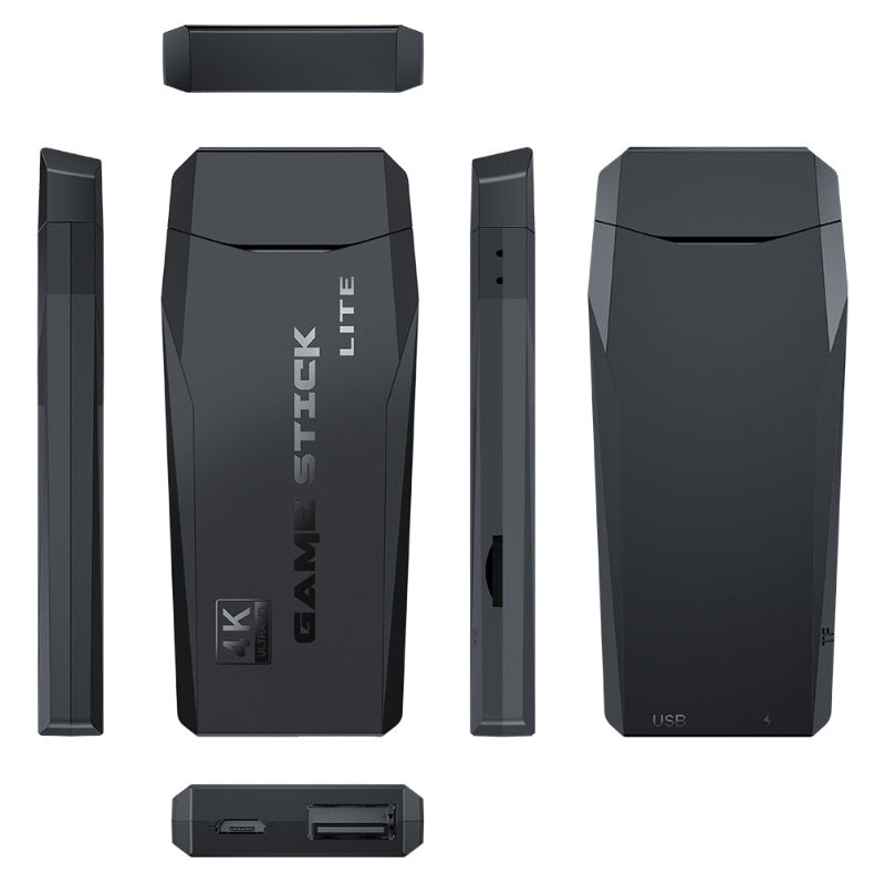 Black Game Stick Lite device with multiple views on a white background