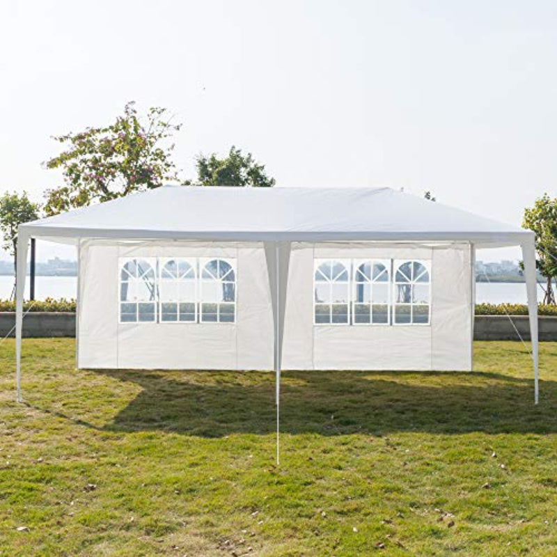 White outdoor canopy tent with clear side panels on a grassy area.
