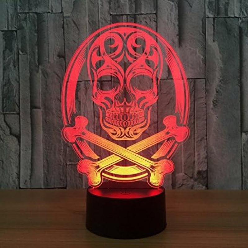 Skull and crossbones design lamp on a wooden surface with stone wall background