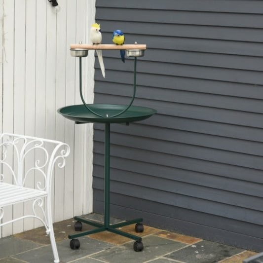 Bird bath with two decorative birds on a stand against a gray wall.