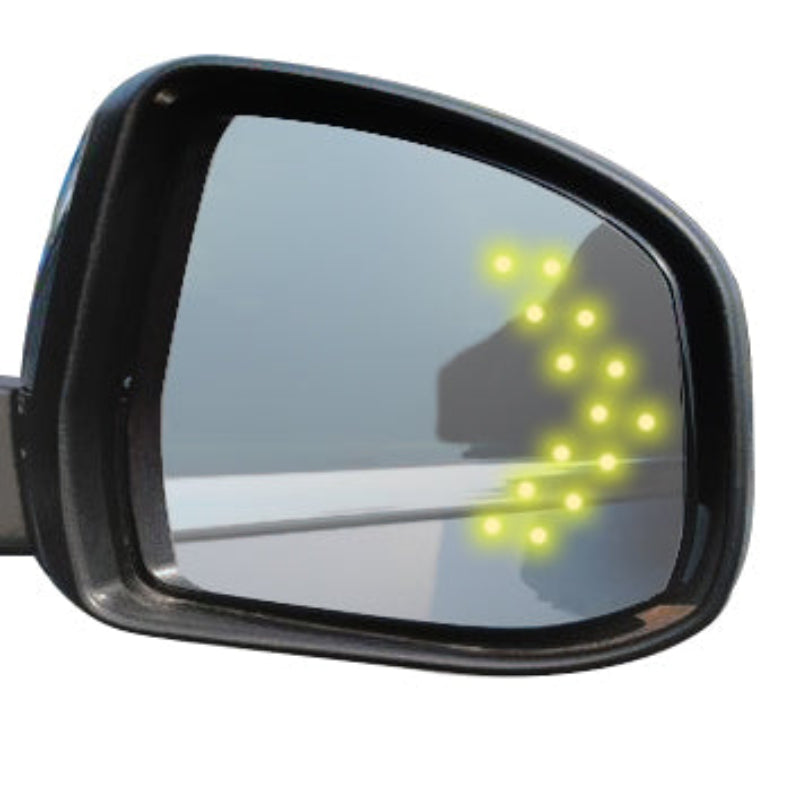 Car side mirror with turn signal indicator on a white background