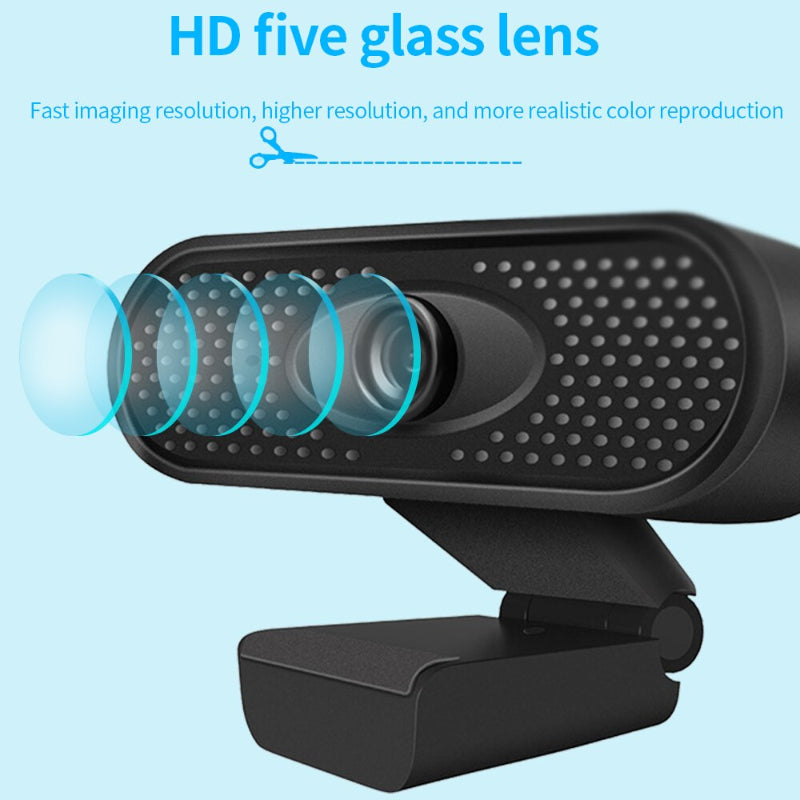 Black webcam with HD five glass lens on a light blue background