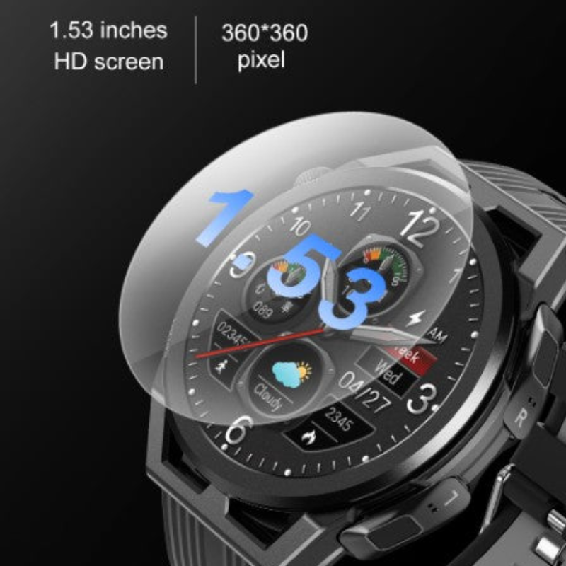 Smartwatch with a clear screen protector on a black background
