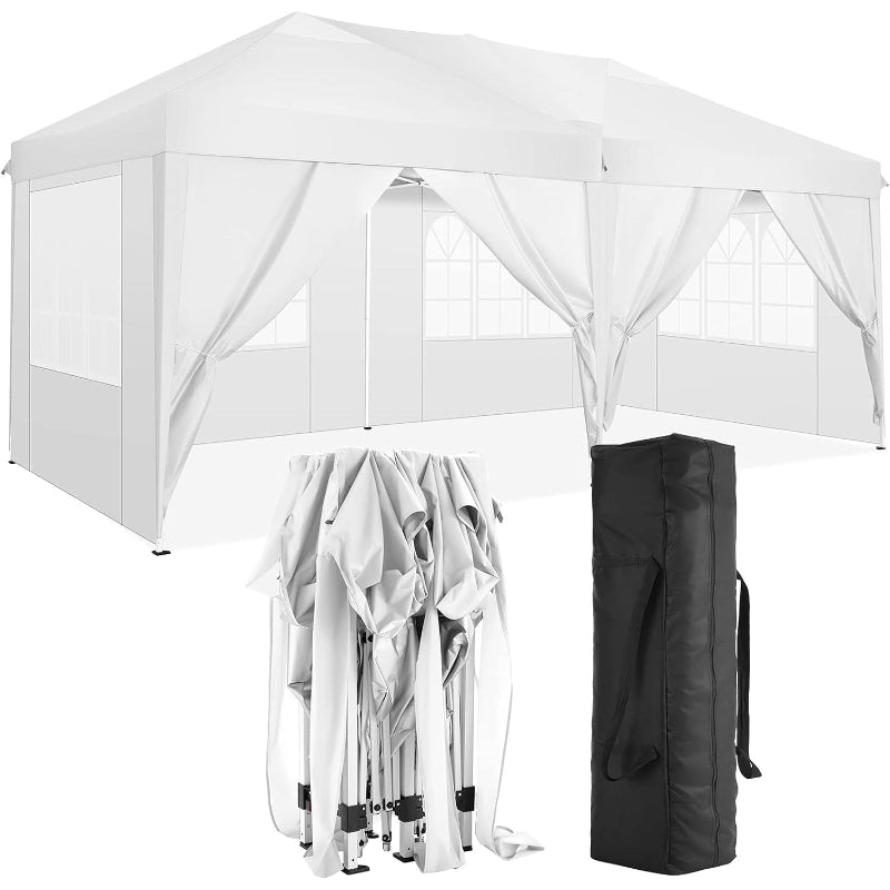 White outdoor canopy tent with carrying case on a white background
