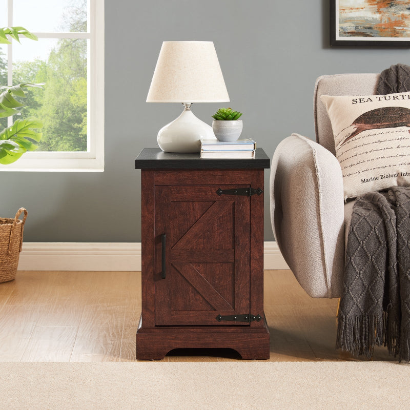 Wooden side table with lamp and decor in a home setting