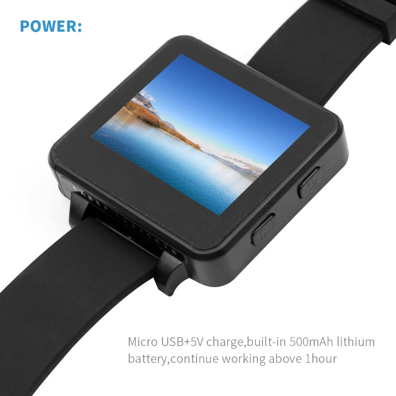 Black smartwatch with a display showing a scenic image on a white background