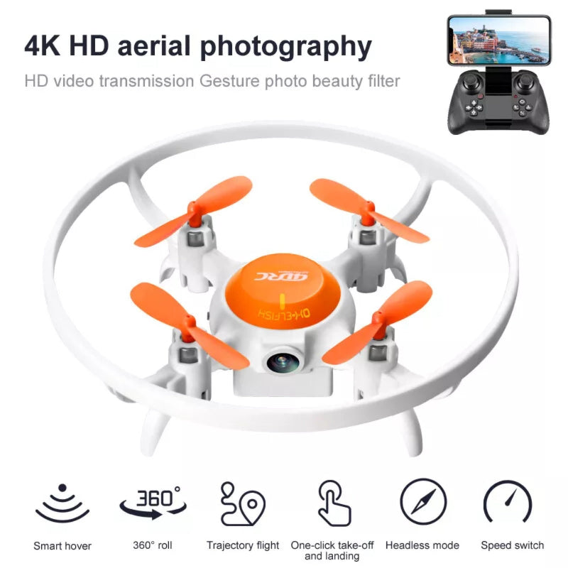 Small drone with orange propellers and white body, accompanied by a remote control and text about 4K HD aerial photography.