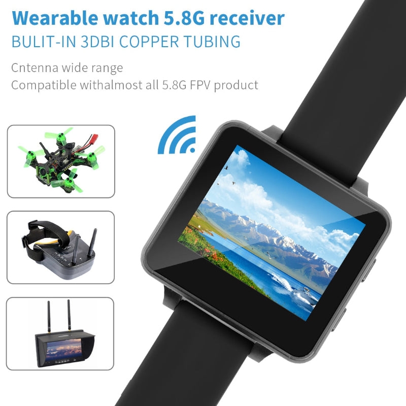 Wearable watch with 5.8G receiver and FPV display, compatible with FPV products.