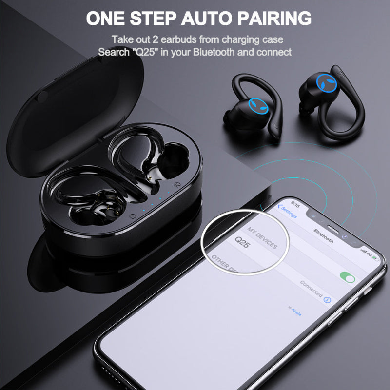 Black wireless earbuds with charging case and smartphone displaying Bluetooth connection on a dark background