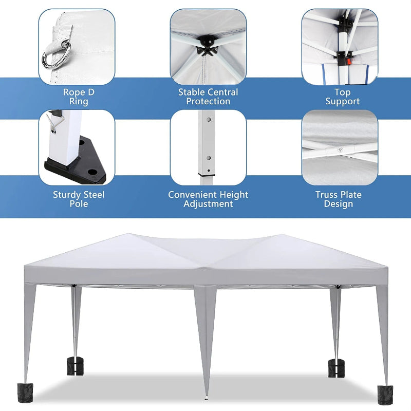White folding table with features highlighted on a blue background