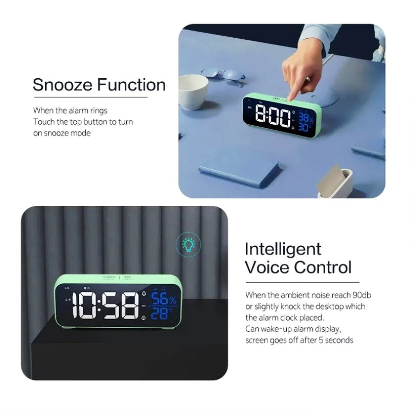 Music LED Digital Alarm Clock Voice Control Temperature Humidity Display Desktop Clocks Home Table Decoration Built-in 1200mAh