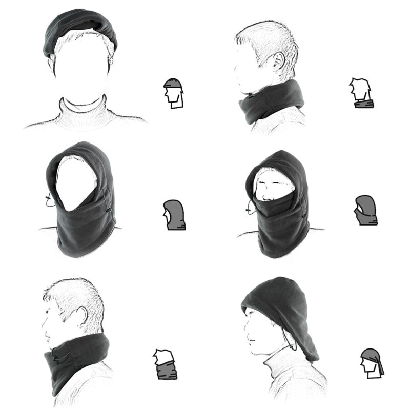 Illustrations of a person wearing various neck coverings on a white background