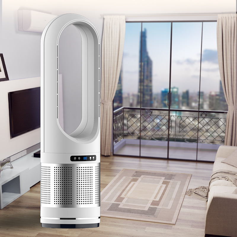 Tall white air purifier in a living room with a cityscape view