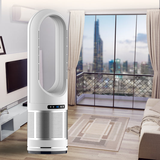 Tall white air purifier in a living room with a cityscape view
