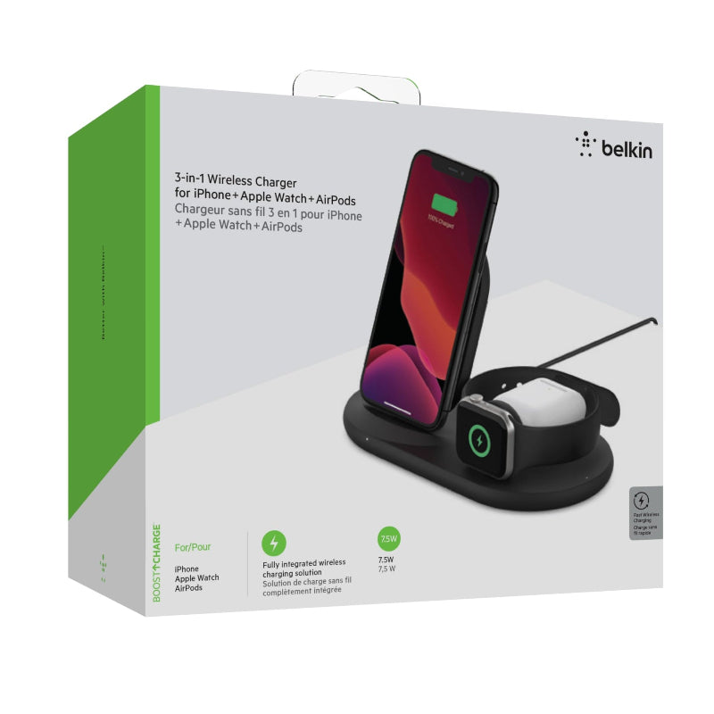 Belkin 3-in-1 wireless charger packaging with smartphone, smartwatch, and AirPods on a white background