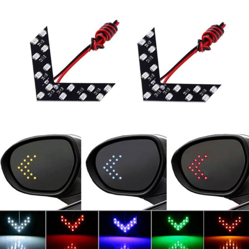 Car mirror LED indicators with various color options on a white background