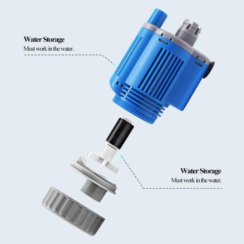 Blue water pump with labeled parts on a light blue background