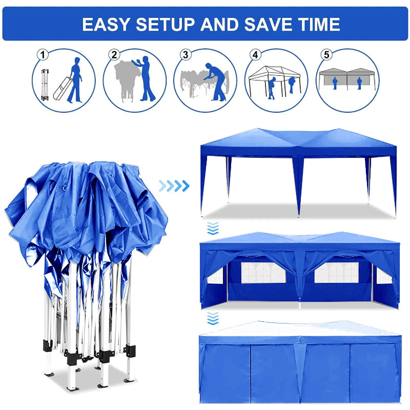 Blue outdoor canopy tent with setup instructions on a white background