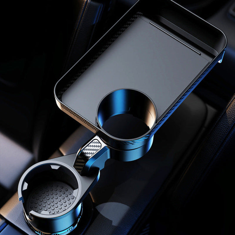 Car cup holder organizer with phone stand and drink cup holder on a car dashboard.